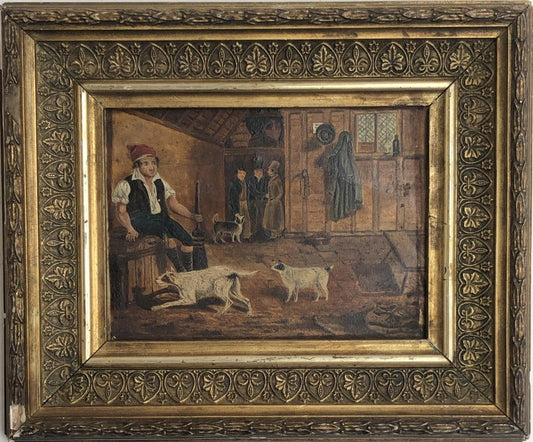 EARLY 19TH CENTURY PRIMITIVE OIL ON CANVAS  "TAVERN SCENE"