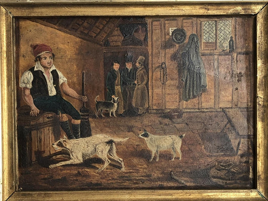 EARLY 19TH CENTURY PRIMITIVE OIL ON CANVAS  "TAVERN SCENE"