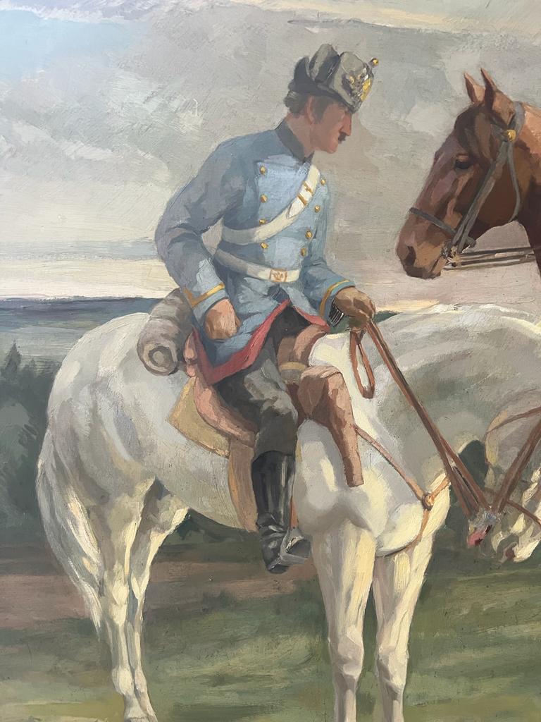 AUGUST WEDEL 1885 - 1953 LARGE OIL ON BOARD SOLDIERS ON HORSES C1930S