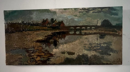 C1920s SCOTTISH SCHOOL OIL ON CANVAS RIVER AND BRIDGE