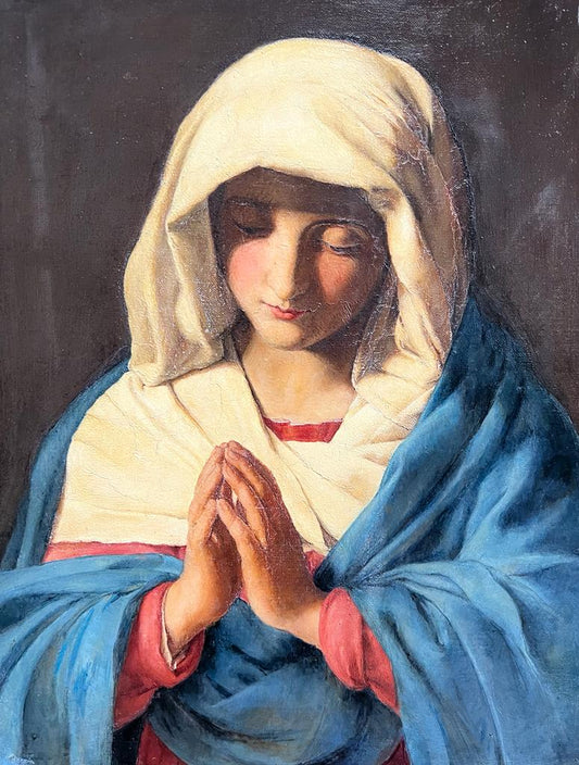 “La Vergine in Preghiera” XIX Secolo Olio su Tela in Cornice Intagliata d'epoca