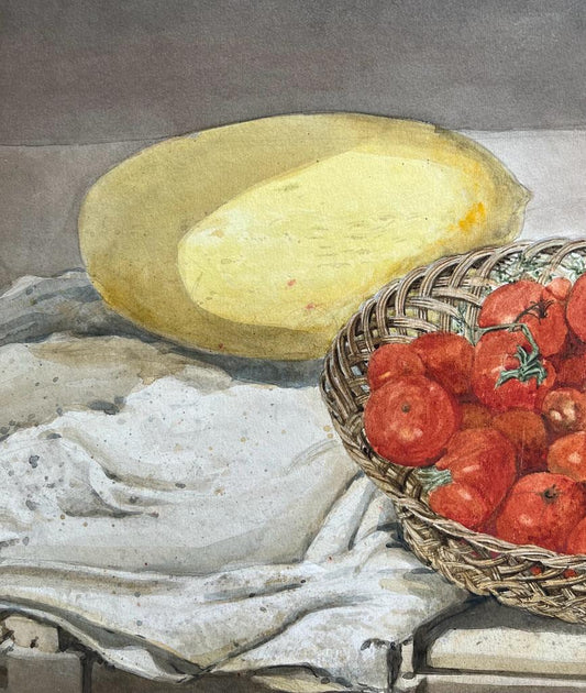 Grande natura morta ad acquerello di frutta e pomodori