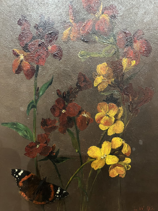 1890 OLIO SU TAVOLA FIORE E FARFALLA MONARCA