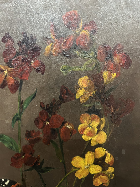 1890 OLIO SU TAVOLA FIORE E FARFALLA MONARCA
