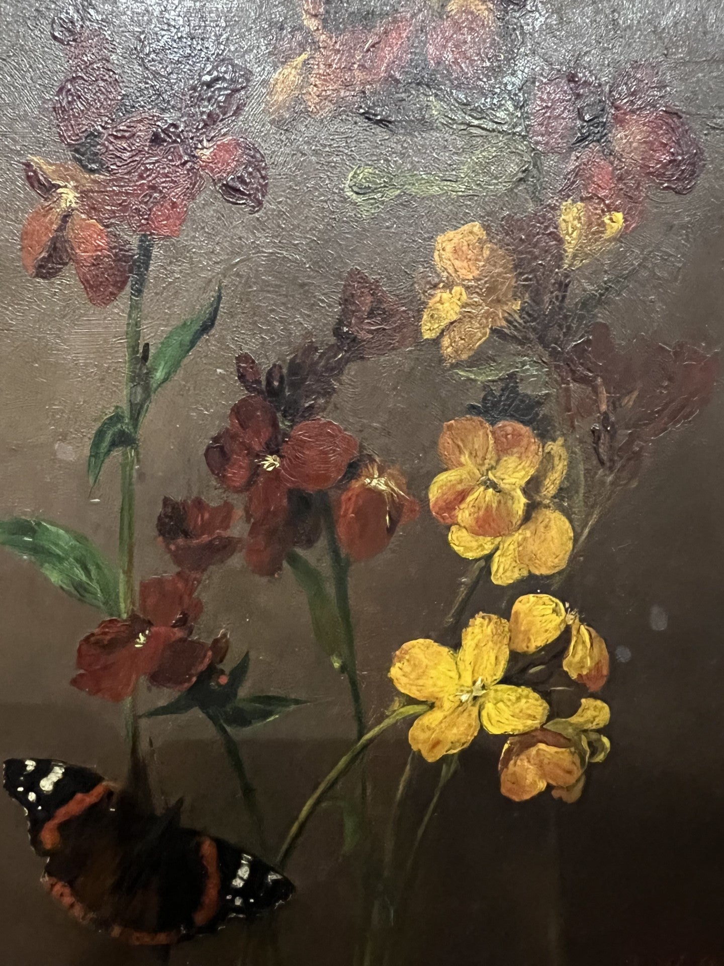 1890 OLIO SU TAVOLA FIORE E FARFALLA MONARCA