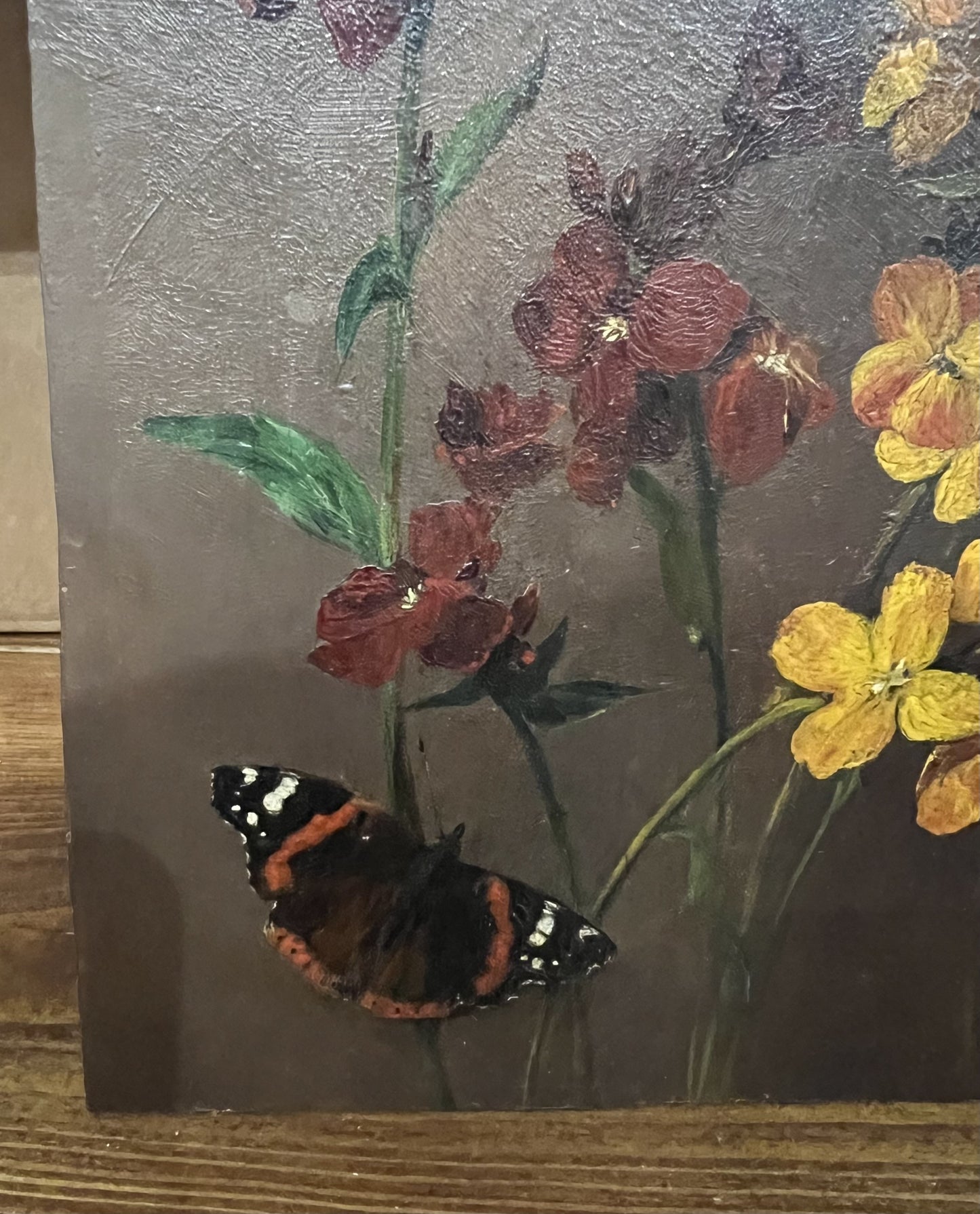 1890 OLIO SU TAVOLA FIORE E FARFALLA MONARCA