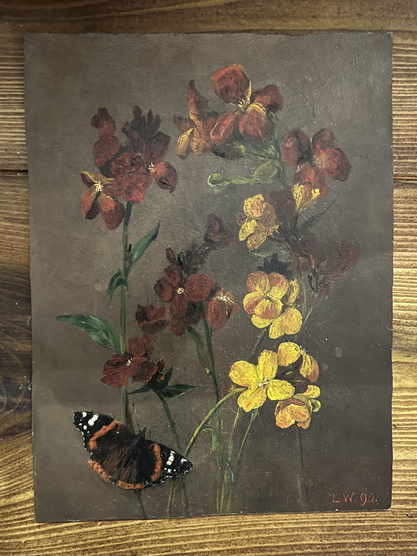 1890 OLIO SU TAVOLA FIORE E FARFALLA MONARCA