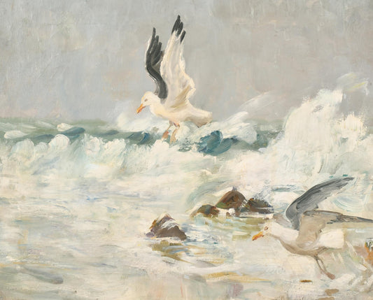 CHARLE W SIMPSON 1885 - 1971 OIL ON CANVAS "GULLS AND SURF"