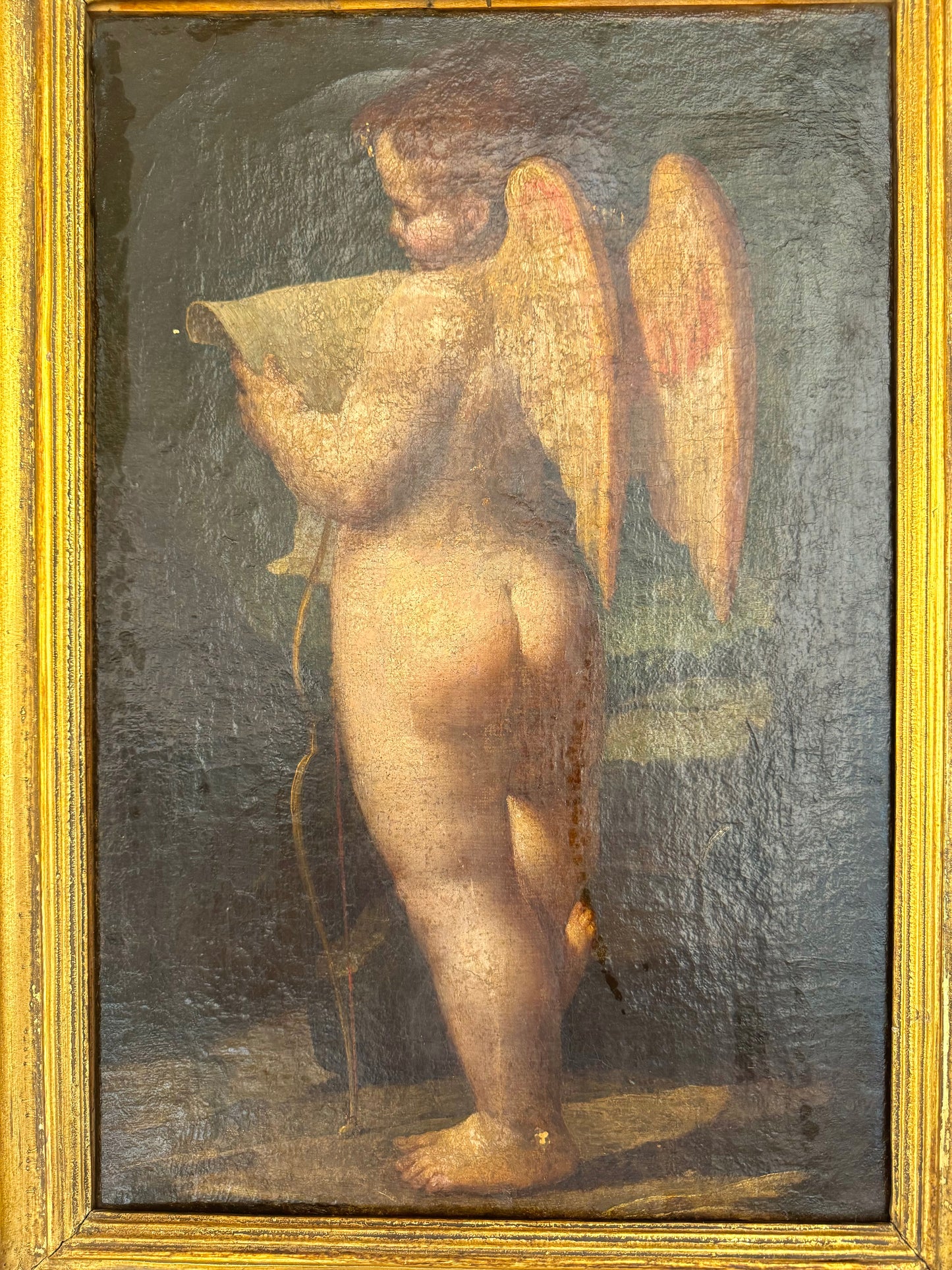 17th Century Oil on Canvas "Cupid Reading"