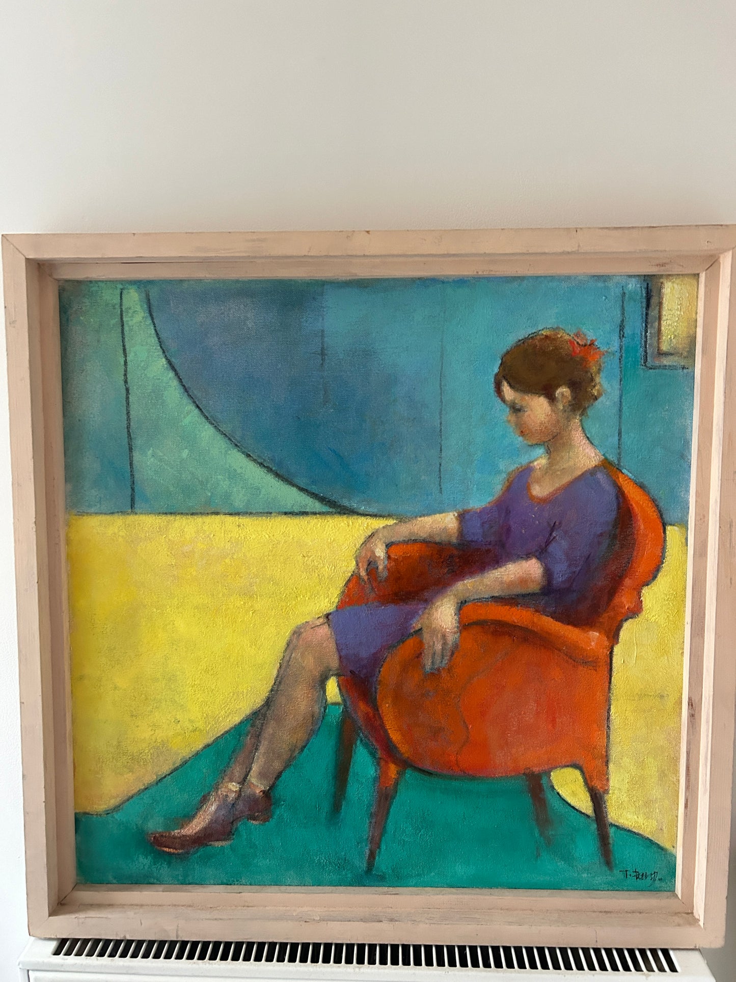 "Girl on Orange Chair" Mid Century Oil on Canvas