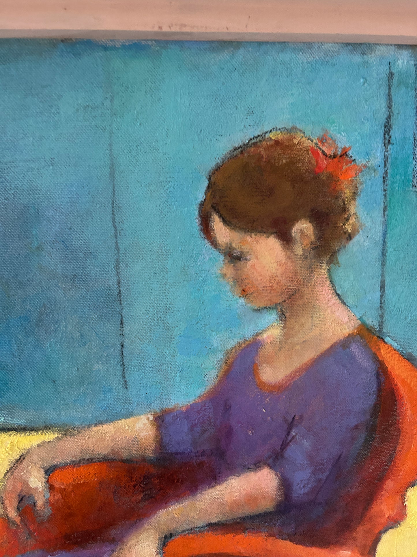 "Girl on Orange Chair" Mid Century Oil on Canvas