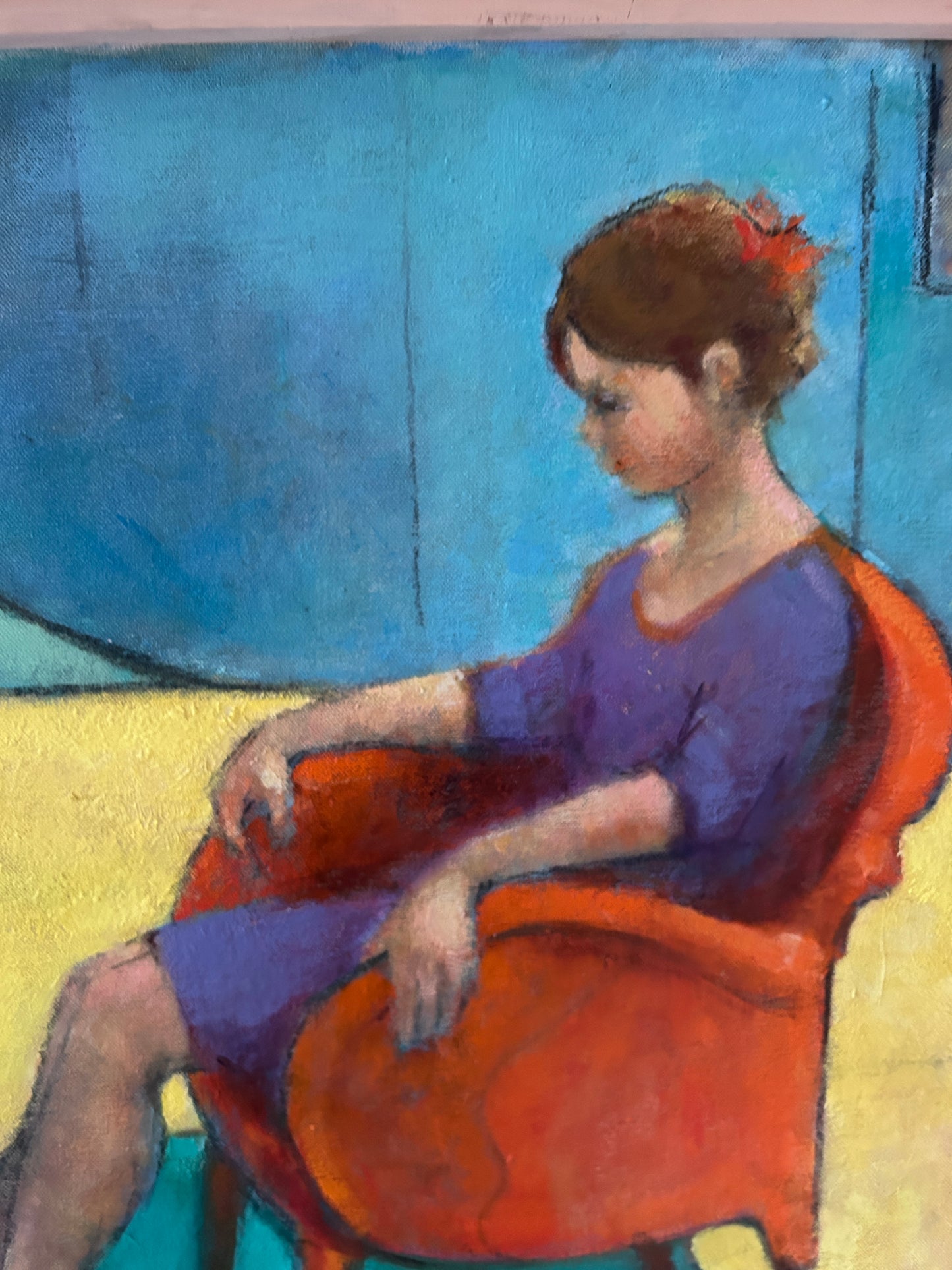 "Girl on Orange Chair" Mid Century Oil on Canvas