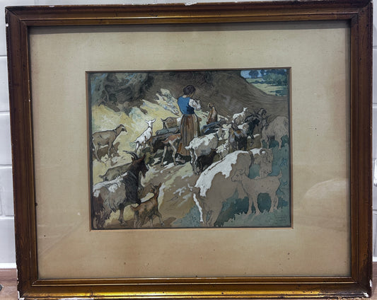 Watercolour by Edwin Noble 1876-1961 Shepherdess with Goats Signed