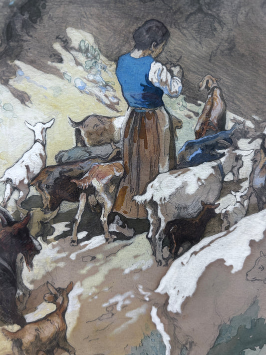 Watercolour by Edwin Noble 1876-1961 Shepherdess with Goats Signed