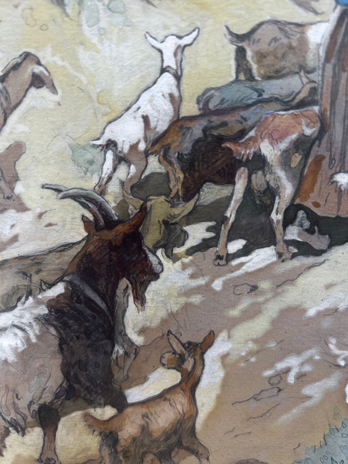 Watercolour by Edwin Noble 1876-1961 Shepherdess with Goats Signed