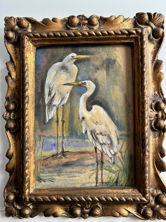 Watercolour of Two Wading Herons in Gilt Frame