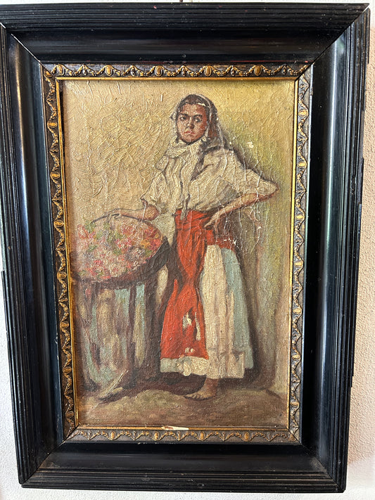 Early 20th Century Italian Flower Girl Oil on Canvas