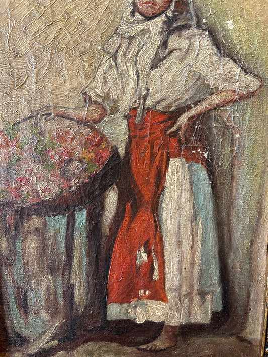 Early 20th Century Italian Flower Girl Oil on Canvas