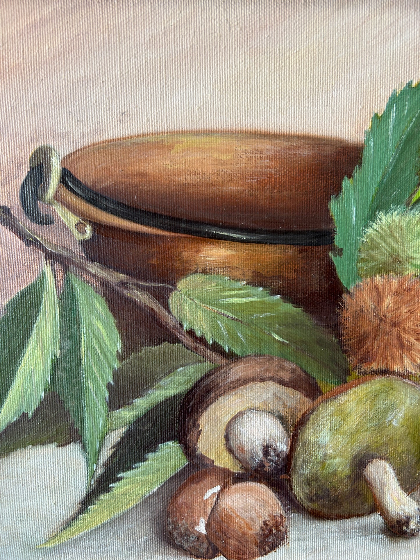 Metà secolo Olio su tela Natura morta di funghi e castagne
