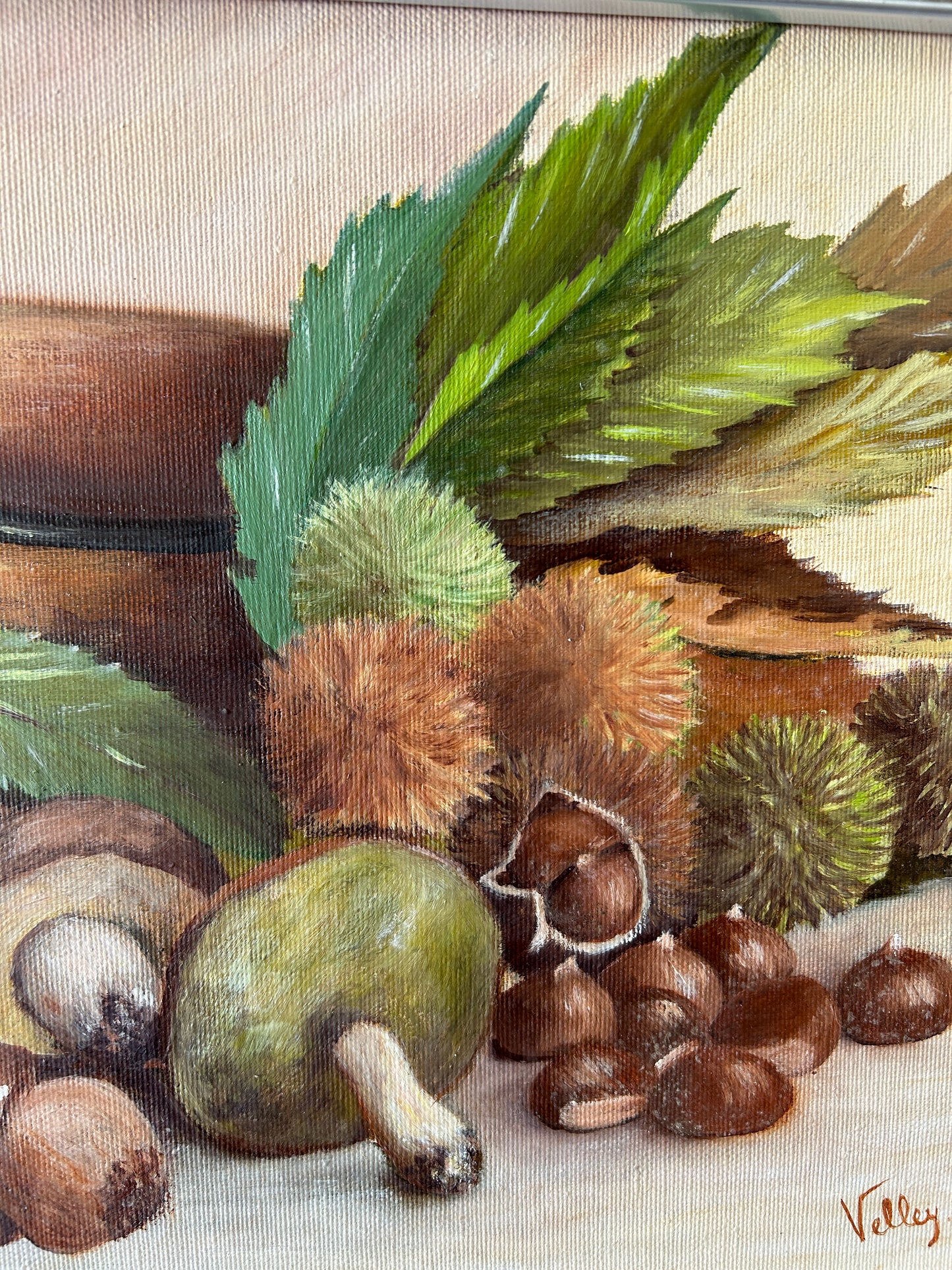 Metà secolo Olio su tela Natura morta di funghi e castagne