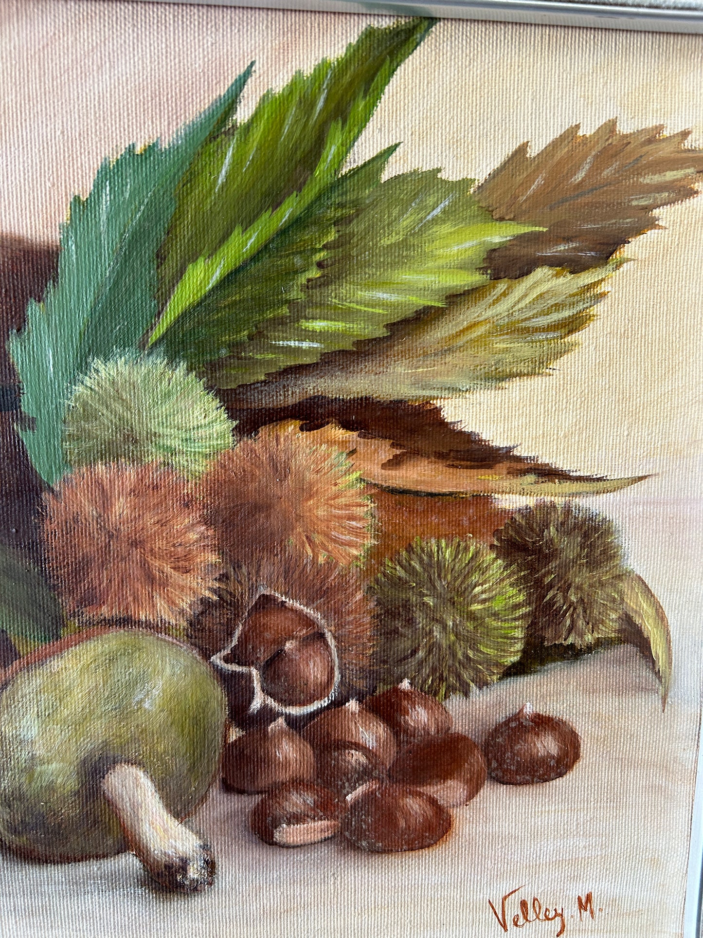 Metà secolo Olio su tela Natura morta di funghi e castagne