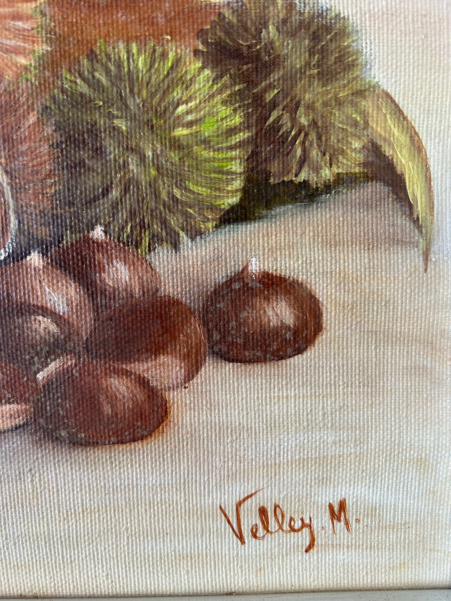 Metà secolo Olio su tela Natura morta di funghi e castagne