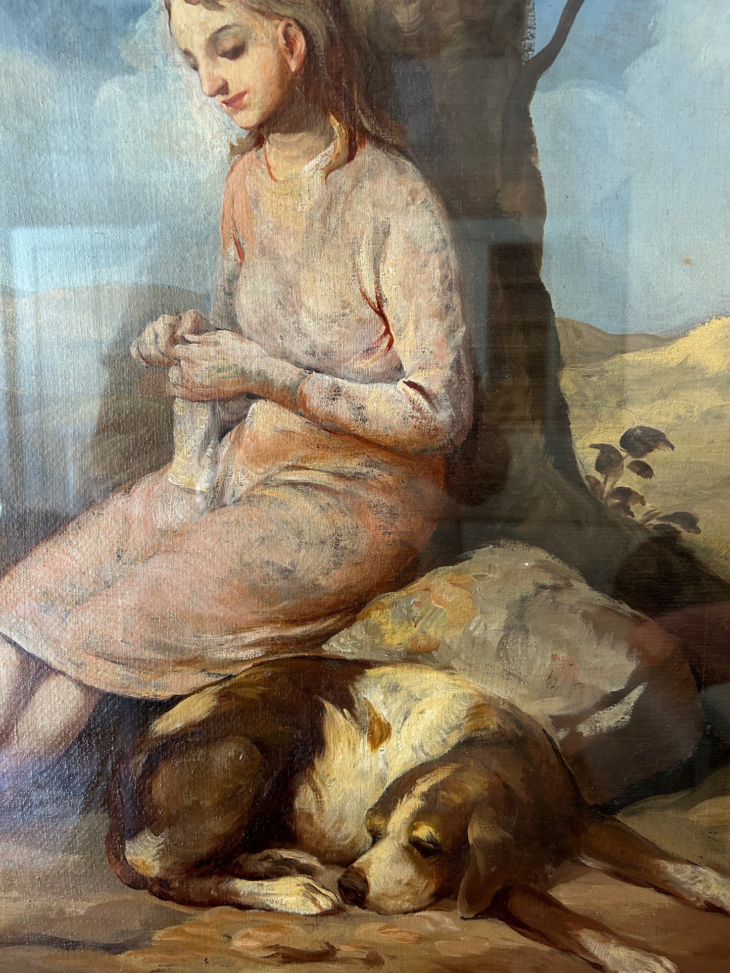 "Una ragazza e il suo cane" Olio su tela italiano dei primi del '900