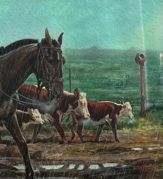 JOSE LUIS SALINAS "COWBOYS HERDING CATTLE IN THE RAIN" MIXED MEDIA 1969