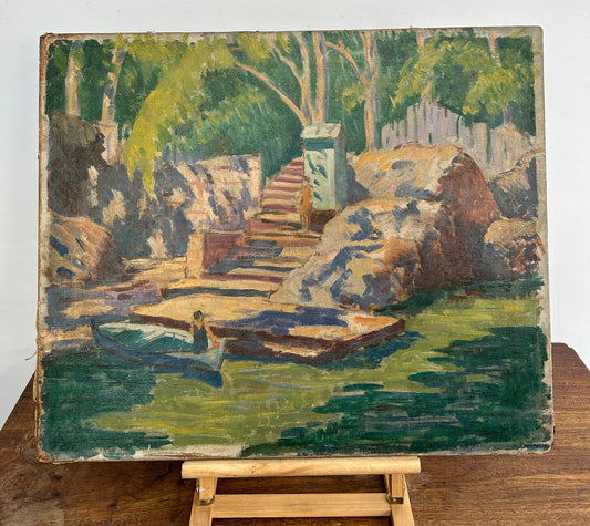 Landscape with a Canoe by DONALD BAIN 1904-1979 SCOTTISH COLOURIST OIL ON CANVAS C1940S