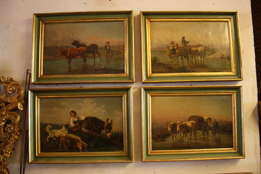 Set di 4 scene di campagna napoletana a olio su tela di inizio Ottocento