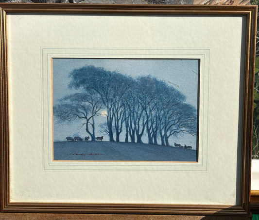 Nicolas Bradley Carter B 1924 Sheep on a Hill Under a Full Moon Watercolour