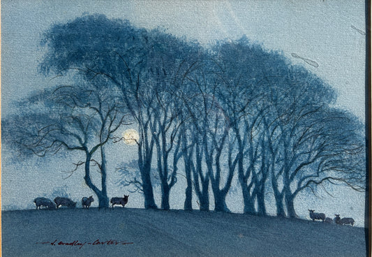 Nicolas Bradley Carter B 1924 Sheep on a Hill Under a Full Moon Watercolour