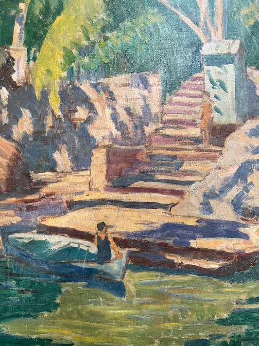 Landscape with a Canoe by DONALD BAIN 1904-1979 SCOTTISH COLOURIST OIL ON CANVAS C1940S