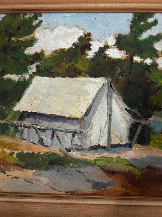 Camping scene 1940's Possibly Canada Mid Century Oil on Board