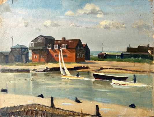 Mid Century View Of Southwold Harbour Scene Oil on Board