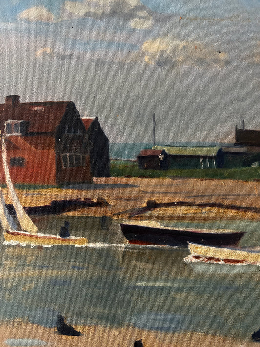 Mid Century View Of Southwold Harbour Scene Oil on Board