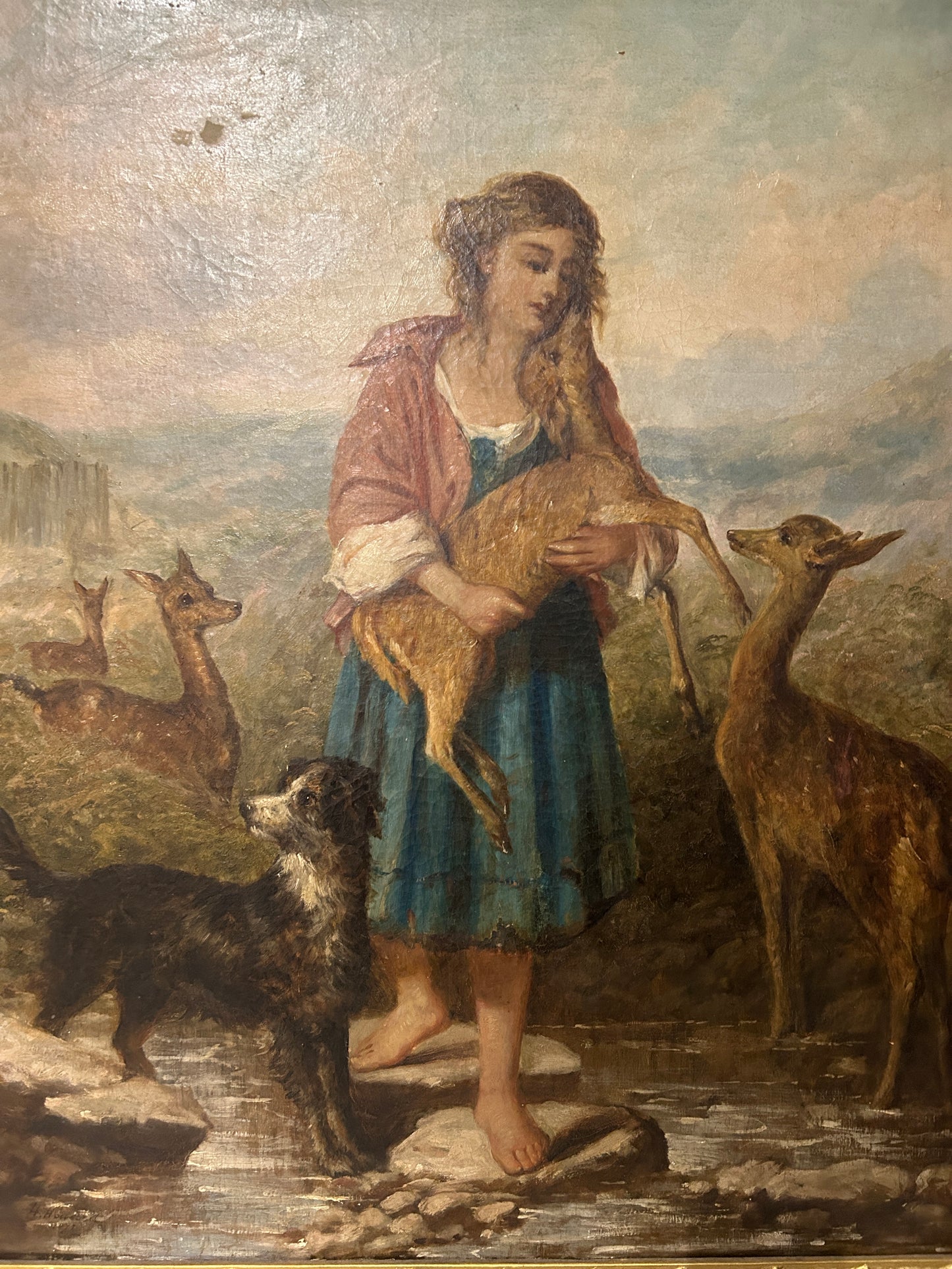 1878 Large Oil on Canvas “Girl with Fawn and Dog”