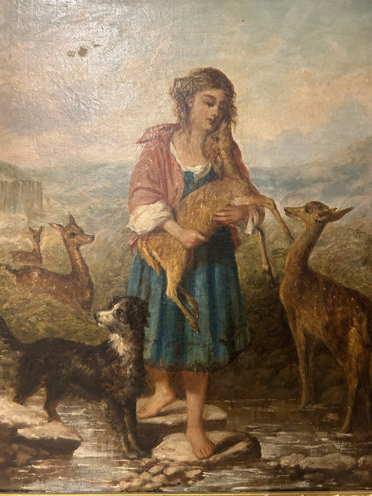 1878 Large Oil on Canvas “Girl with Fawn and Dog”