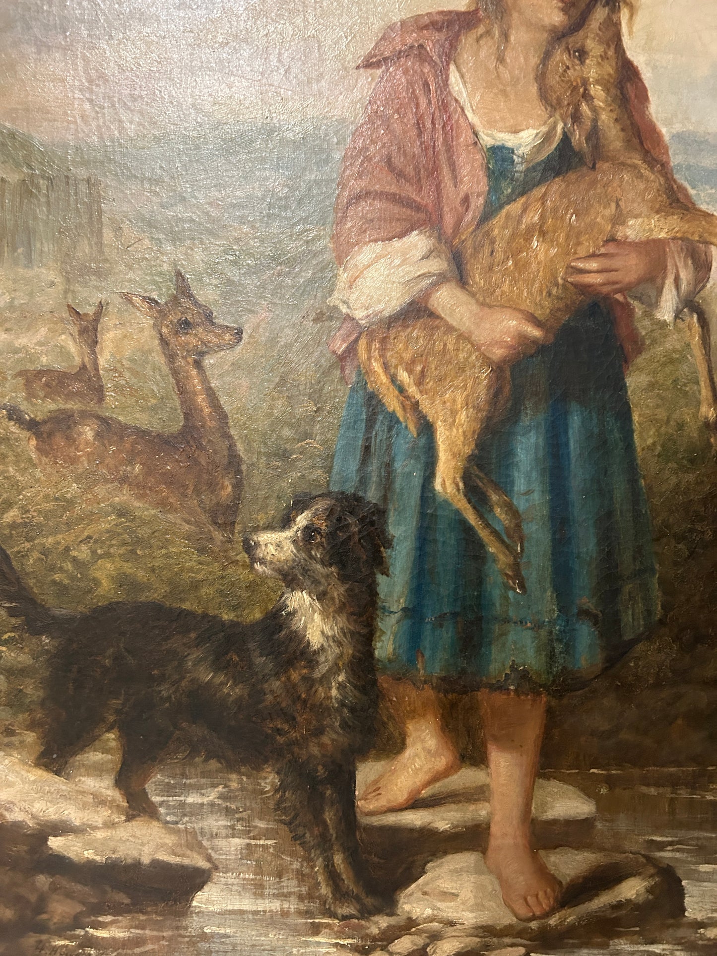 1878 Large Oil on Canvas “Girl with Fawn and Dog”