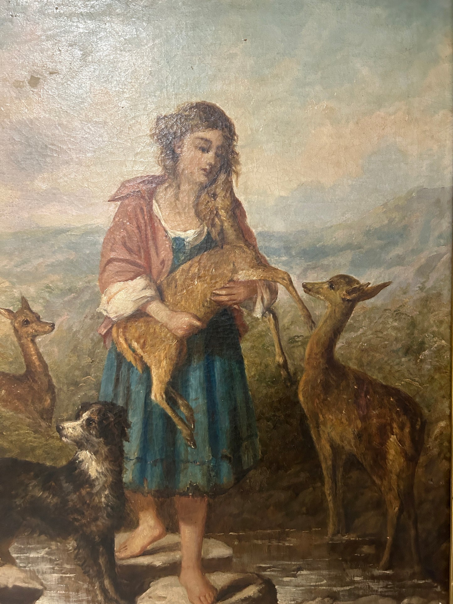 1878 Large Oil on Canvas “Girl with Fawn and Dog”