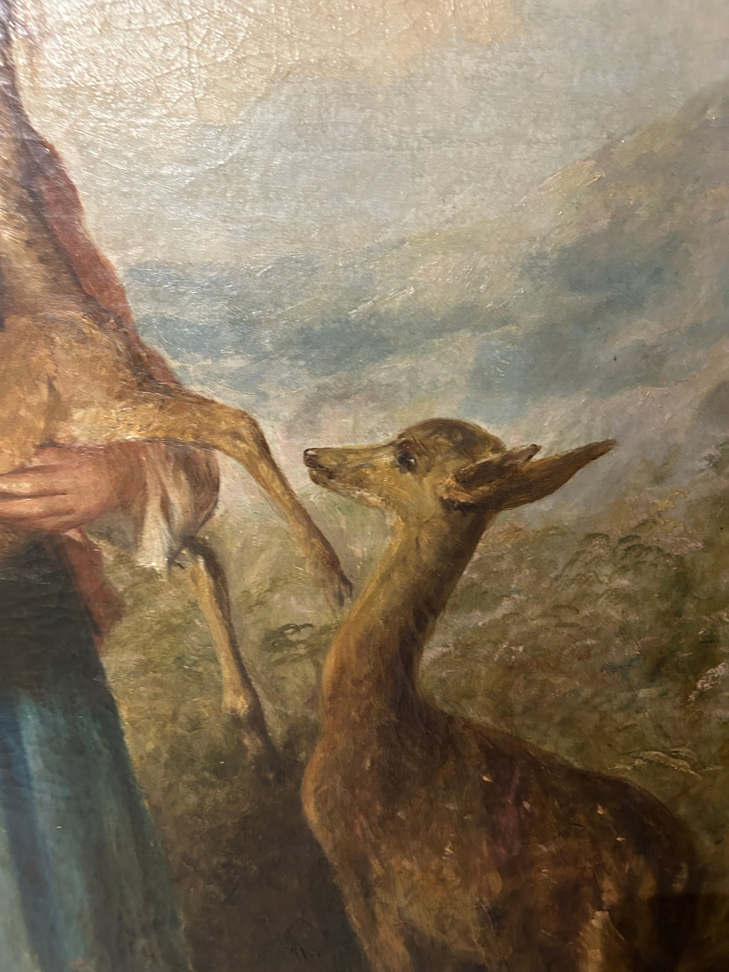 1878 Large Oil on Canvas “Girl with Fawn and Dog”