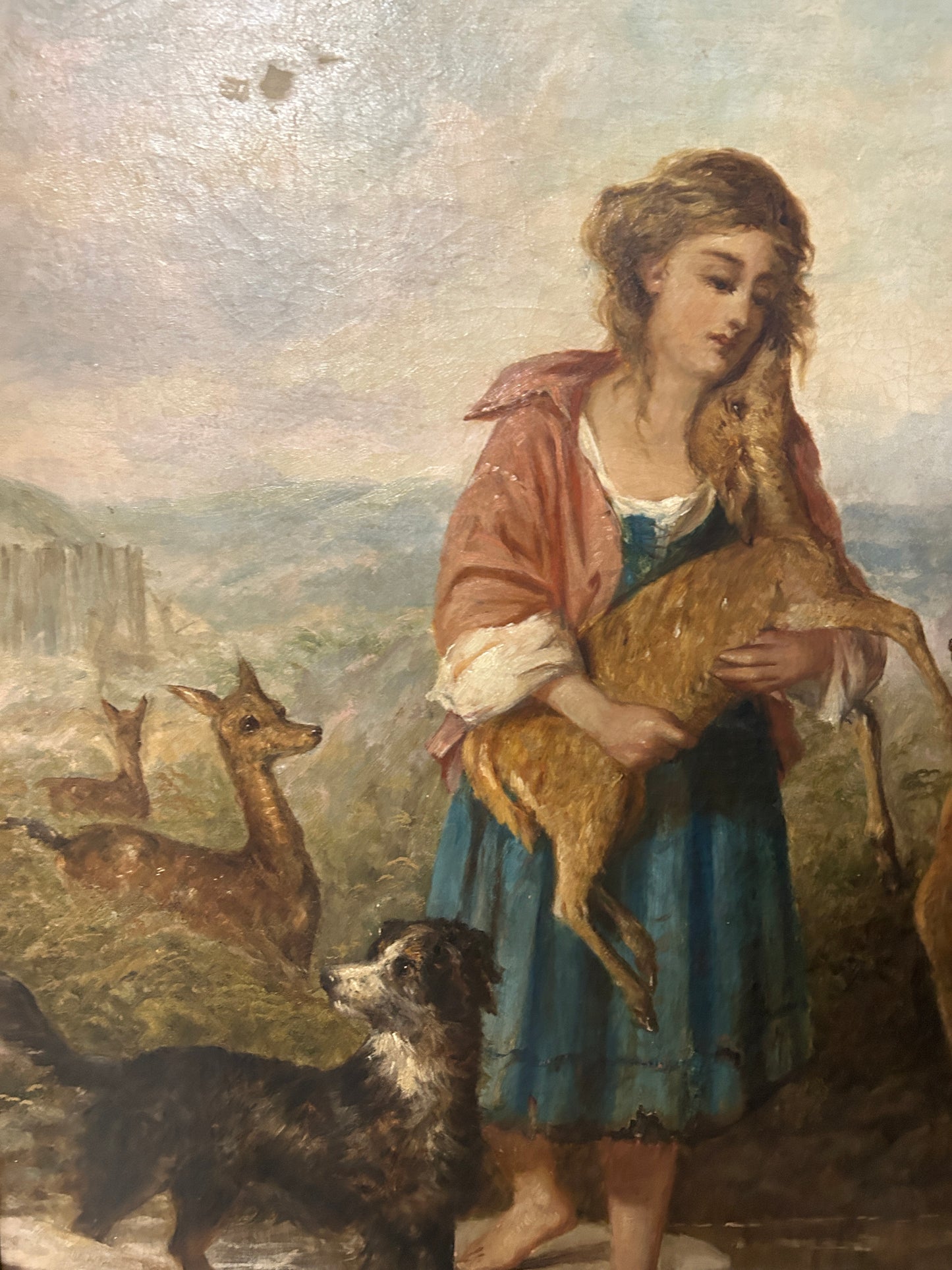 1878 Large Oil on Canvas “Girl with Fawn and Dog”