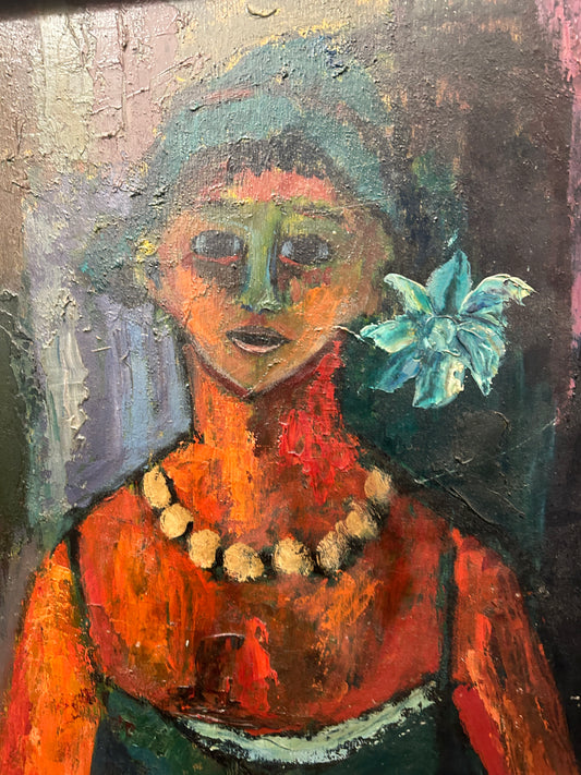 "The Circus Girl" Mid Century Oil on Board Seated Female Portrait