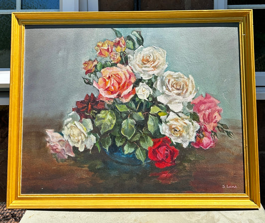 1960's Still Life Floral of Colourful Roses in Original Gilt Frame