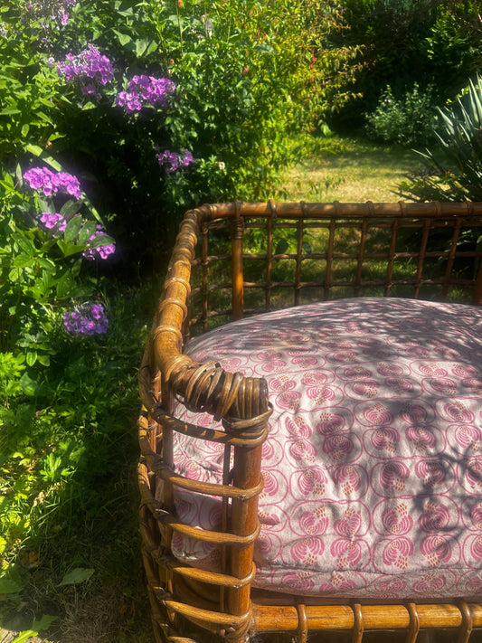 Vintage Rattan Large Pet Bed With Sri Lanken Cotton Fabric Cover.
