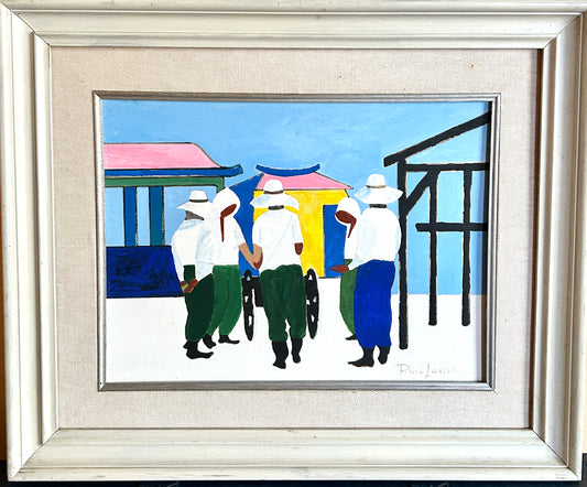 Vibrant Asian Mid Century Colour Block Oil on Canvas