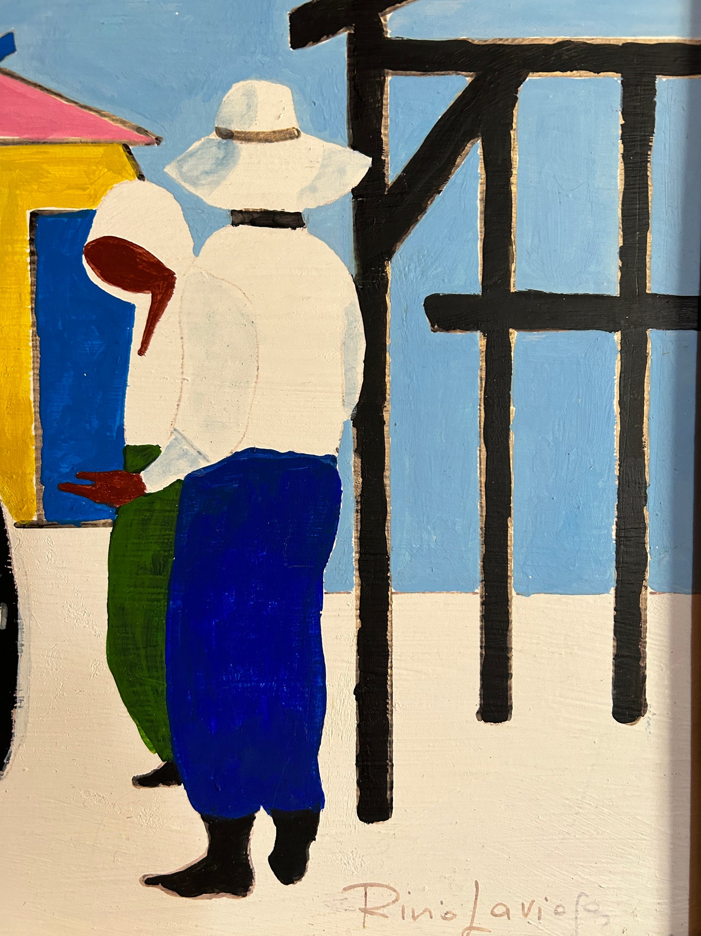 Vibrant Asian Mid Century Colour Block Oil on Canvas