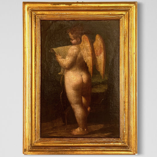 17th Century Oil on Canvas "Cupid Reading"