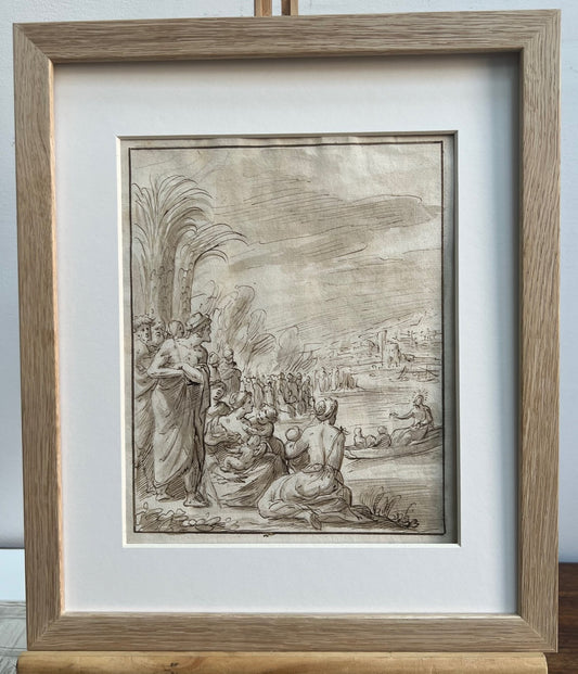 DISEGNO ANTICO MAESTRO "BIBLICO" A PENNA, INCHIOSTRO E ACQUARELLATA DEL XVII SECOLO
