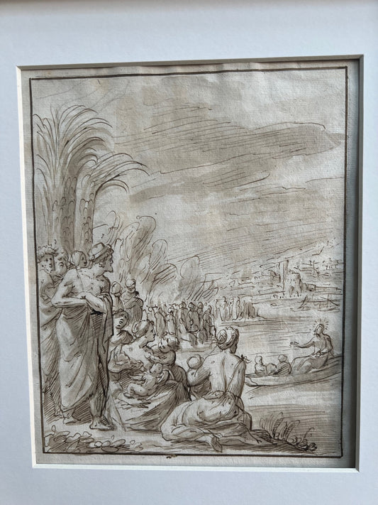 DISEGNO ANTICO MAESTRO "BIBLICO" A PENNA, INCHIOSTRO E ACQUARELLATA DEL XVII SECOLO